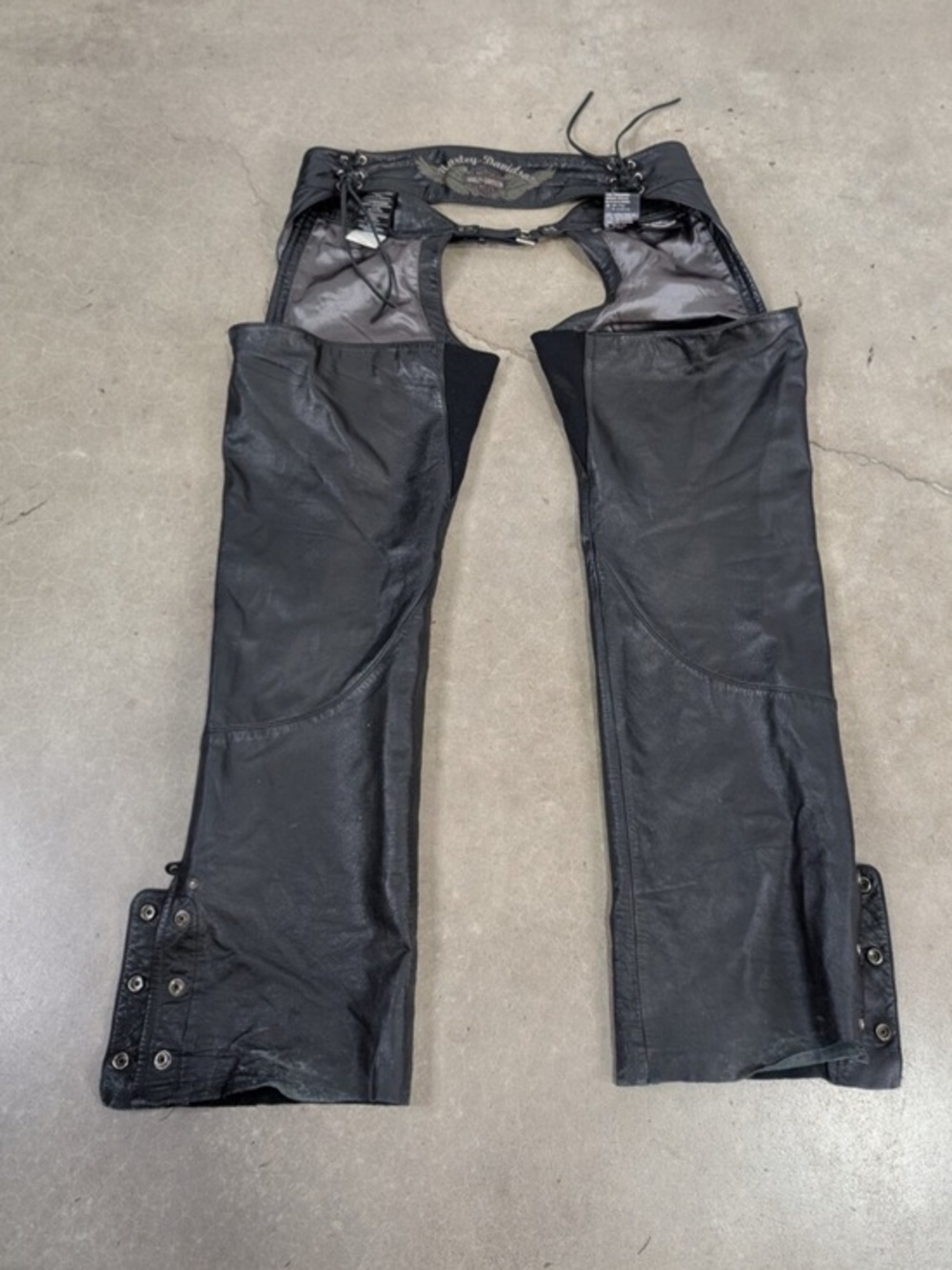 Harley Davidson Genuine Leather Motorcycle Chaps Black Adjustable Biker Riding L